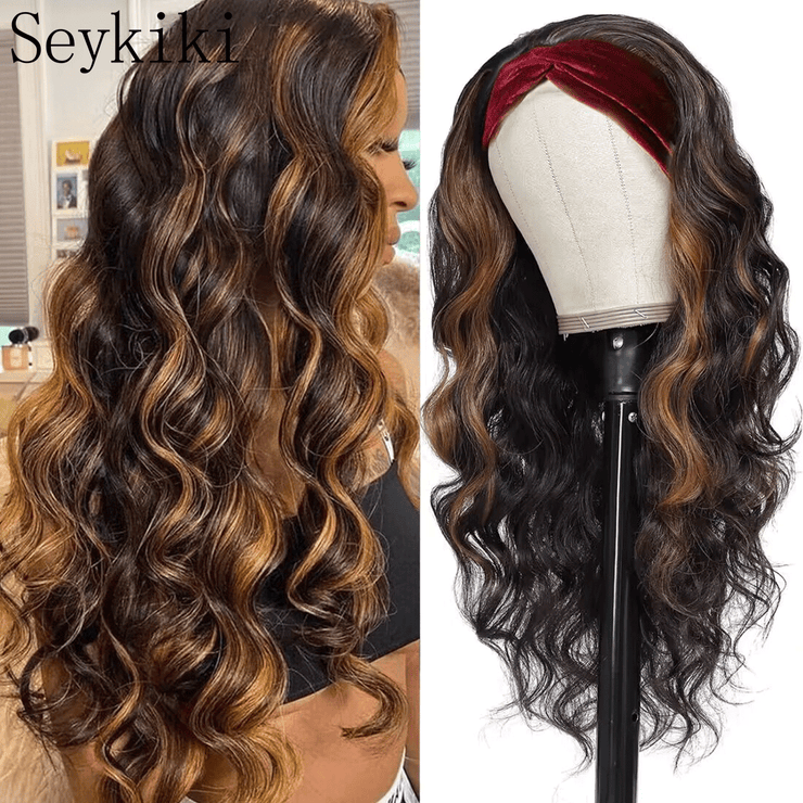 Seykiki Long Wavy Headband Wigs for Black Women Glueless Highlight Brown And Black Synthetic Headband Wig Ready to Wear Wigs Glueless Wigs Daily Party Wear