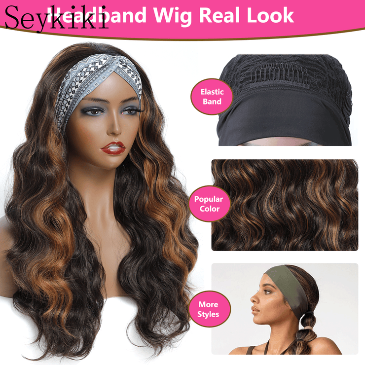 Seykiki Long Wavy Headband Wigs for Black Women Glueless Highlight Brown And Black Synthetic Headband Wig Ready to Wear Wigs Glueless Wigs Daily Party Wear