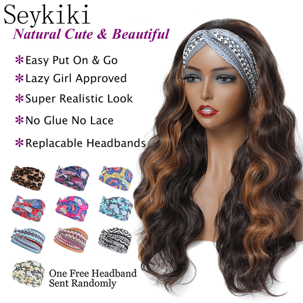 Seykiki Long Wavy Headband Wigs for Black Women Glueless Highlight Brown And Black Synthetic Headband Wig Ready to Wear Wigs Glueless Wigs Daily Party Wear