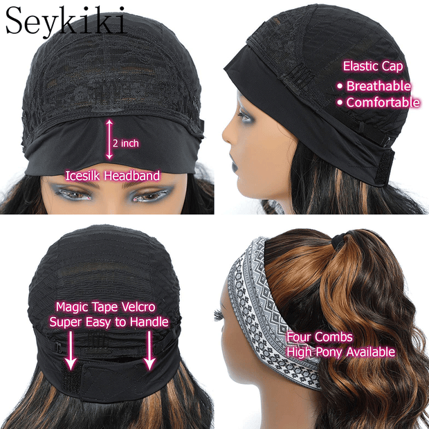 Seykiki Long Wavy Headband Wigs for Black Women Glueless Highlight Brown And Black Synthetic Headband Wig Ready to Wear Wigs Glueless Wigs Daily Party Wear