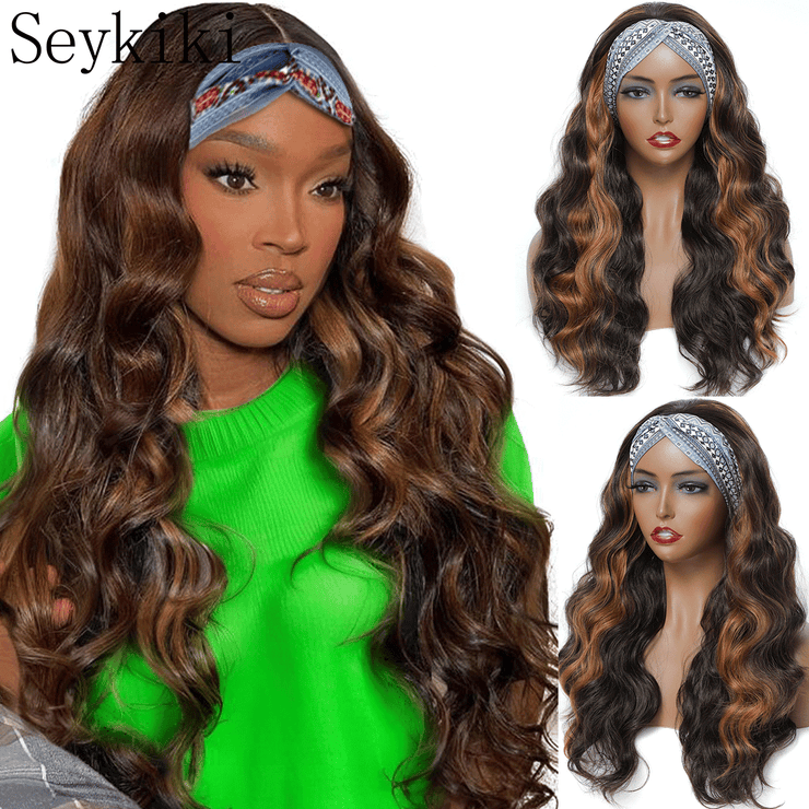 Seykiki Long Wavy Headband Wigs for Black Women Glueless Highlight Brown And Black Synthetic Headband Wig Ready to Wear Wigs Glueless Wigs Daily Party Wear